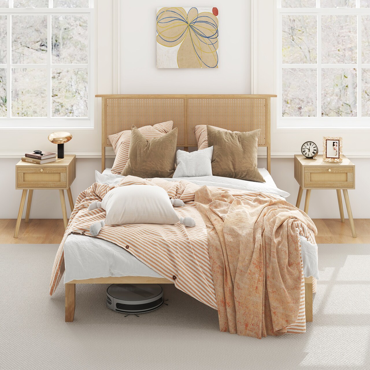 Natural Platform Bed Frame with Rattan Headboard and 12 Wooden Slats